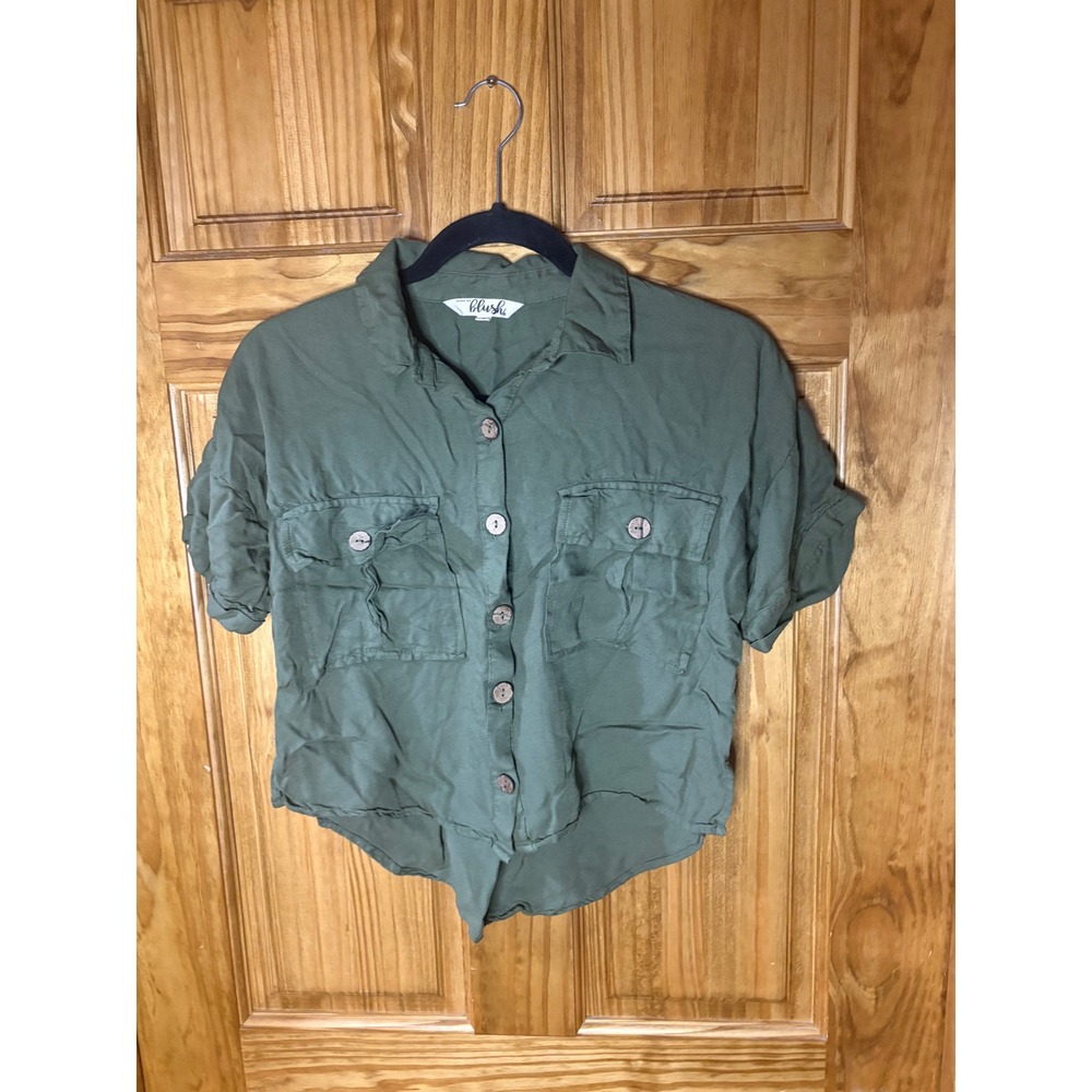 Hint of Blush Olive Green Utility Button Down Short Sleeve Shirt Small